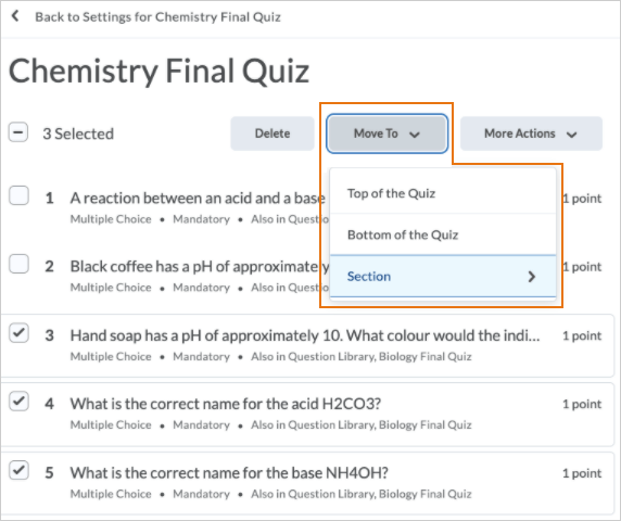 The Move To option is visible once quiz questions are selected