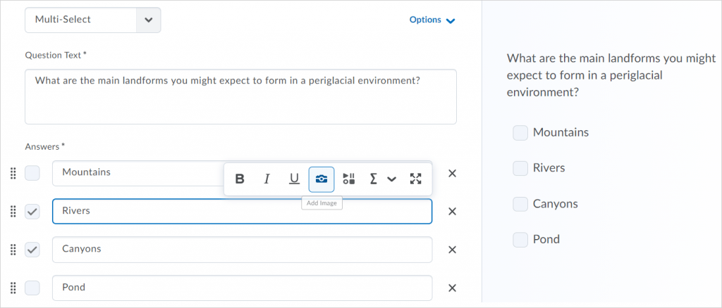 Question text and answers in the new multi-select question experience