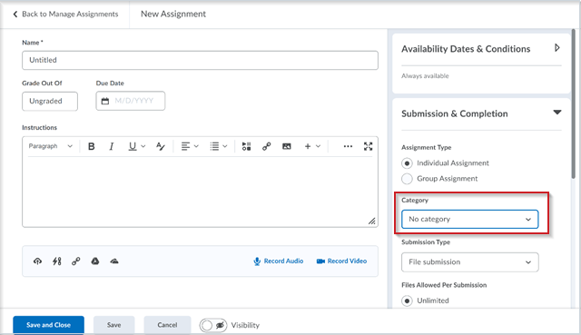 The new Dropbox creation experience with the ability to align assignments to categories